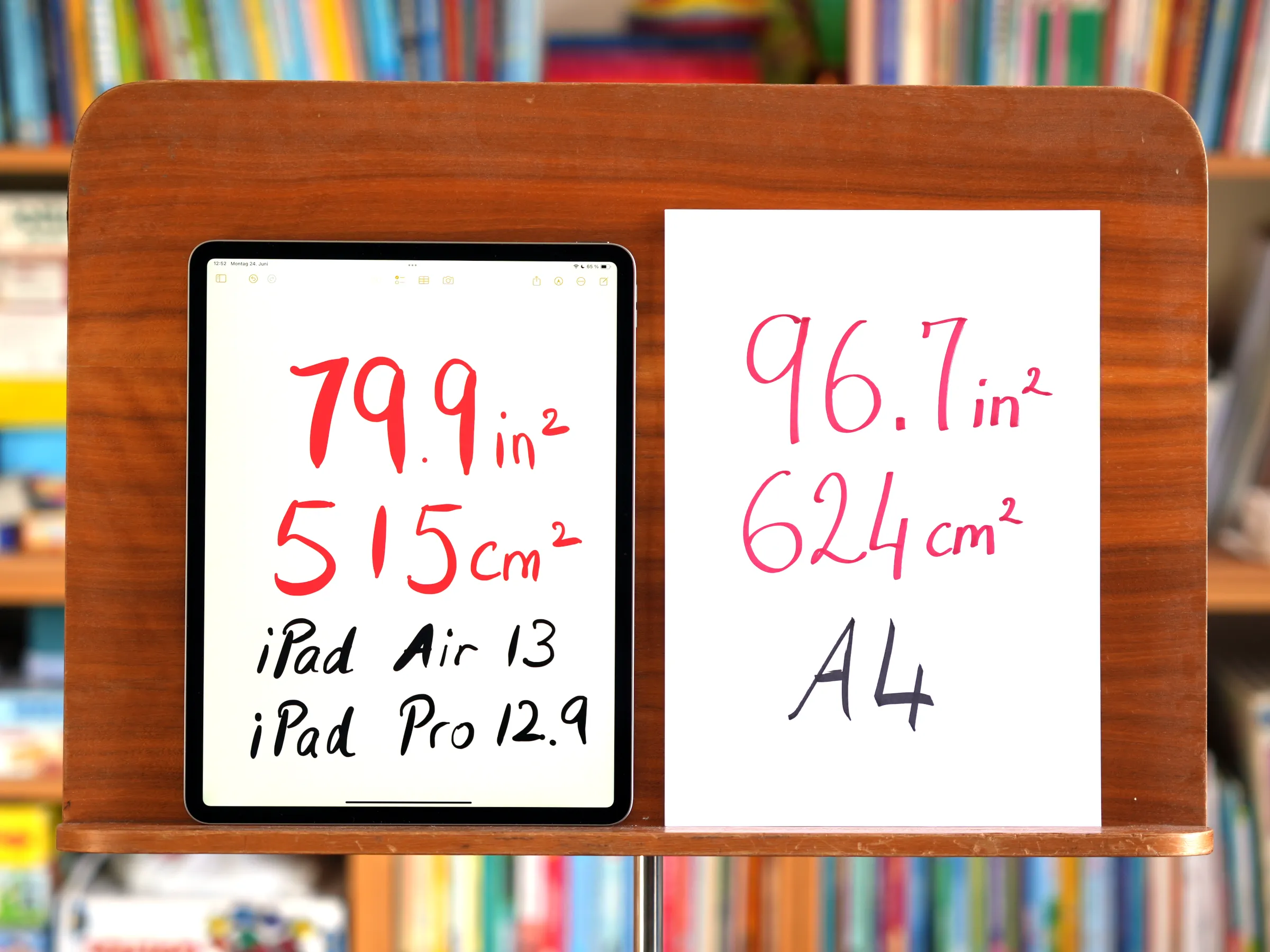 13-inch Apple iPad Air and 12.9-inch iPad Pro screen area (surface area) compared to ISO A4 paper format