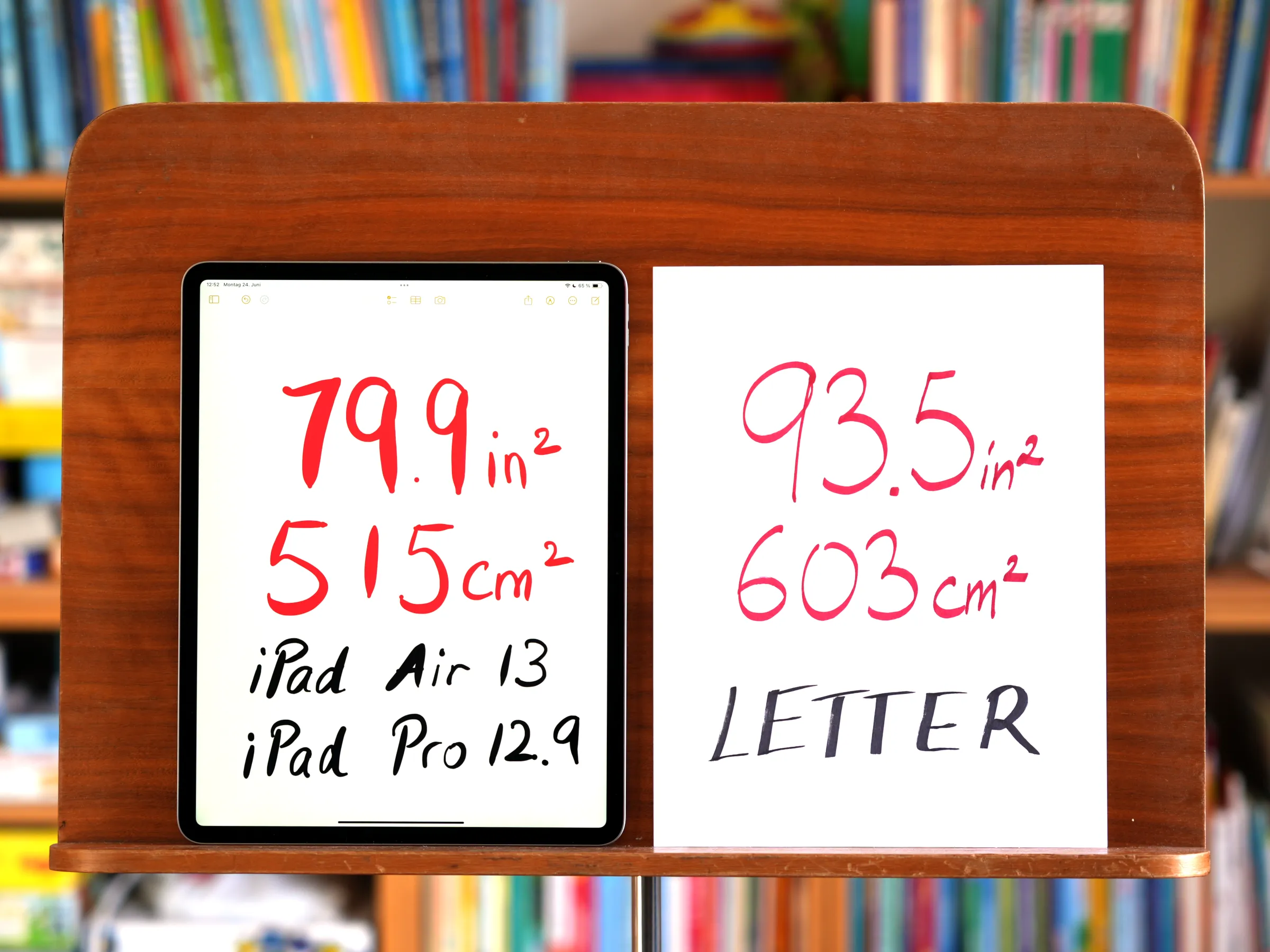 Apple iPad Air 13-inch screen area (surface area) compared to Letter paper